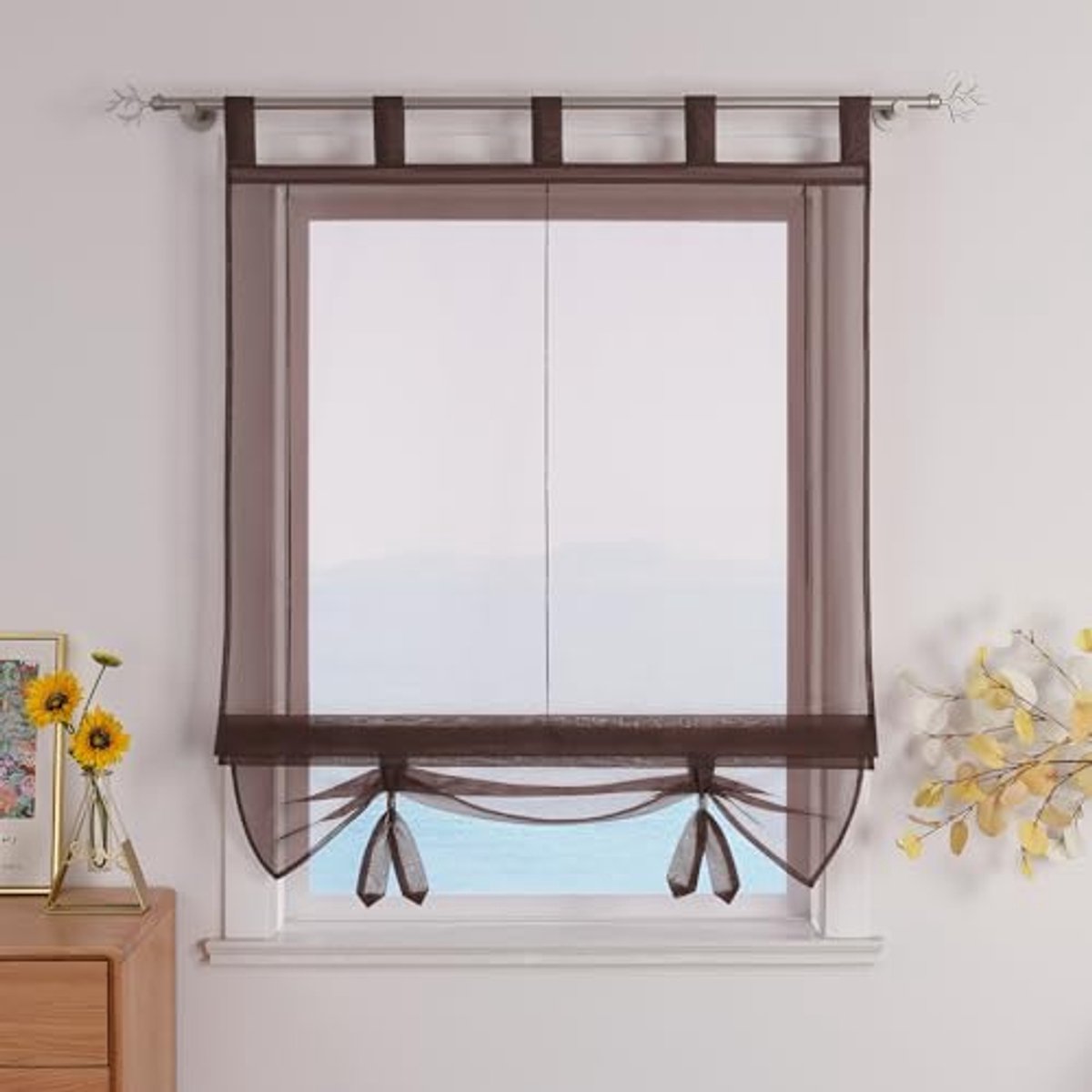 Vouwgordijn met lussen voor de keuken - Transparant Modern Voile Bruin 100x155cm