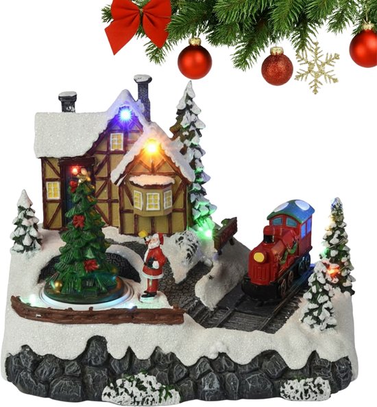 Lomera Kersttafereel Met Trein - Kerstdorp Met Verlichting - Led Verlichting - Bewegende Trein - Kerstdecoratie - Op Batterijen - Multicolour Led Lampjes - Ronddraaiende Kerstboom - Kerstman En Trein - Kersthuisje Met Verlichting