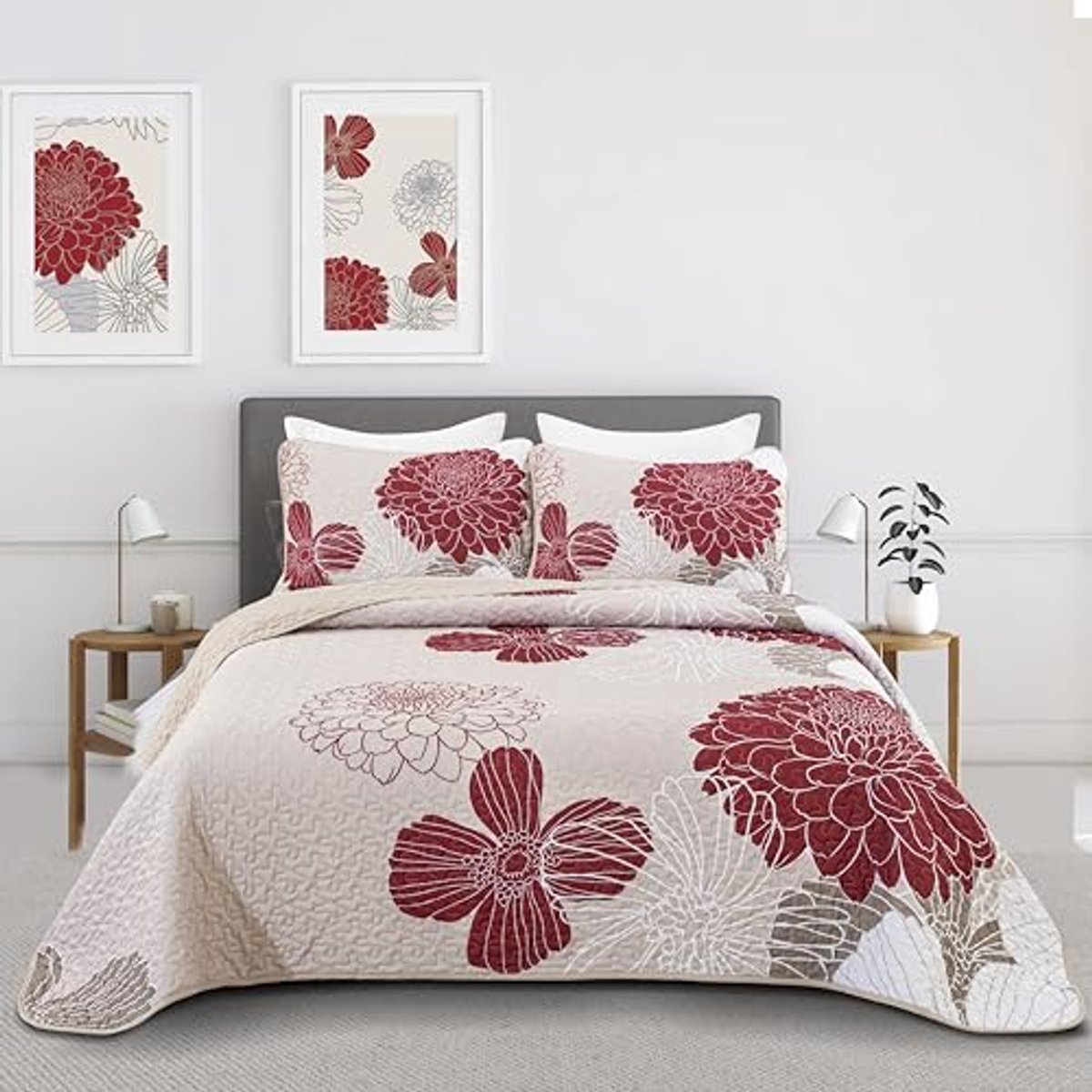 Bordeauxrode Bedsprei 220 x 240 cm - Zachte Gewatteerde Dekbed en 2 Kussenslopen