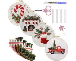 Kerst Borduurpakket Set 4 Stuks – Borduurpakket Voor Volwassenen En Beginners – Kruissteek Pakketten – Creatief Handwerk Doe-Het-Zelf Kerstdecoratie – Sfeervol– Perfect Voor Huis Cadeau