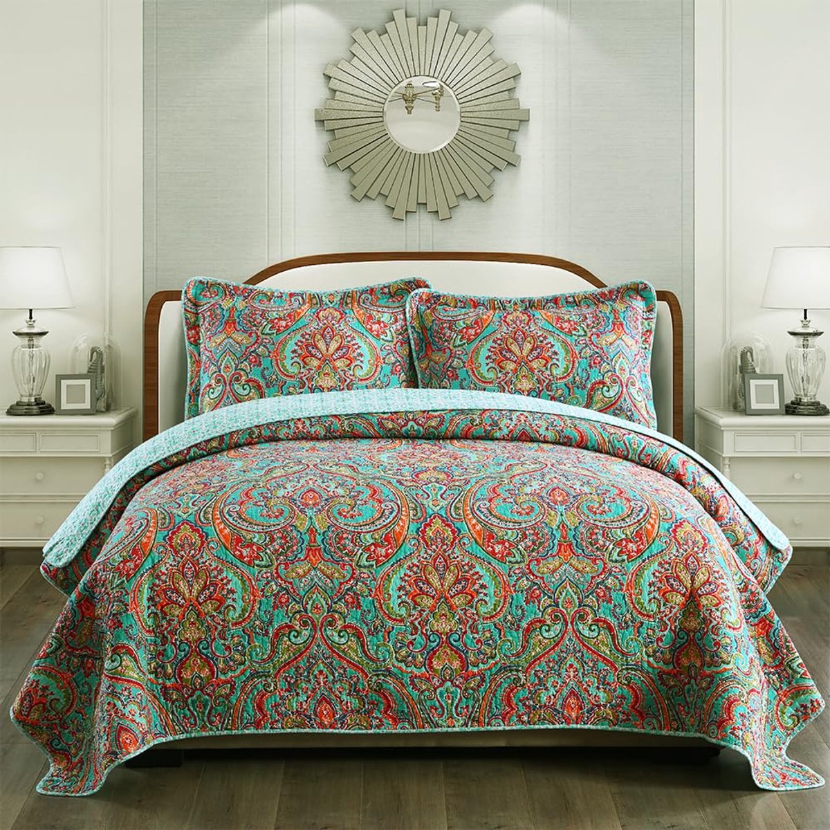 Azomor® Katoenen beddensprei set met kleurrijk bloemenpatroon en dubbelzijdig ontwerp 230 x 250 cm