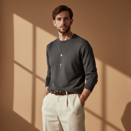 Man met donkergrijs trui en lichtbeige broek, staat met handen in zakken, draagt rozenkrans.