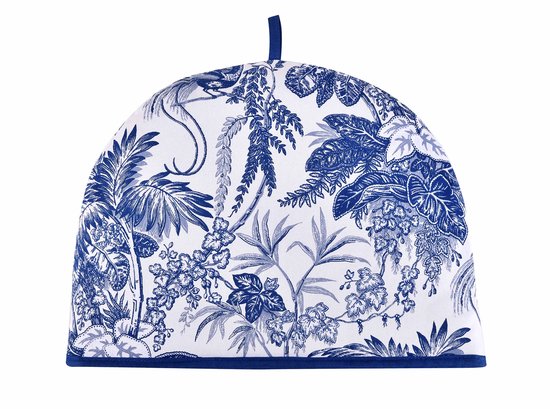 Blauwe toile-print theemuts met vogels en tropische bladeren, wit met blauw design.