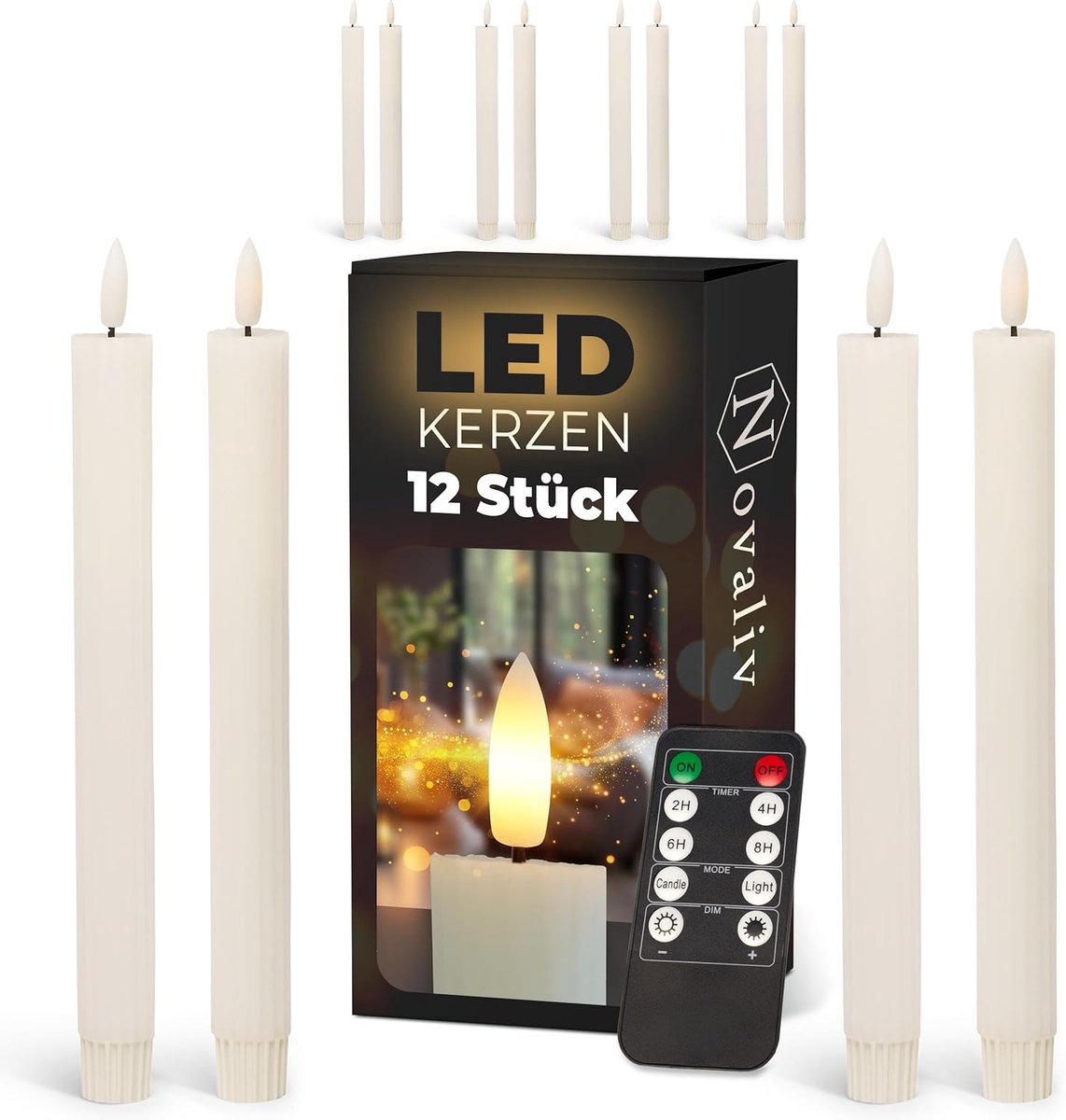 LED-kaarsen met timer WIT 12 stuks voor binnen - 6 uur - ECHTE WAS geribbeld 23 cm hoog voor kaarsen 2,2 cm diameter 2 AAA-batterijen vereist LED-kaarsen set van 2 (drie keer) bewegende vlam