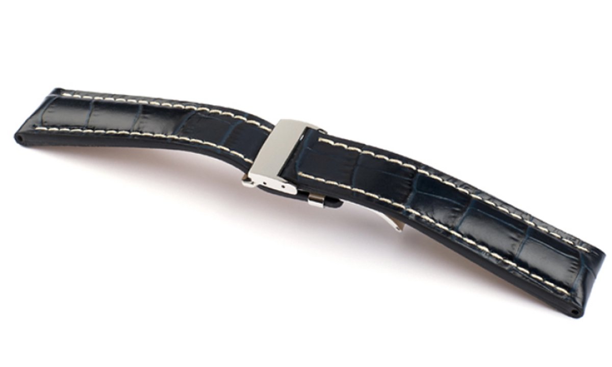 Horlogeband Crosswind Donkerblauw - Leer - 22-20mm