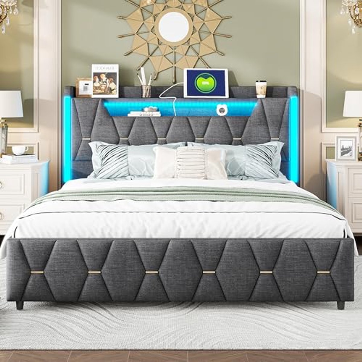 Upholstered Double Bed 160x200cm with LED Lights, Storage Headboard and Charging Station