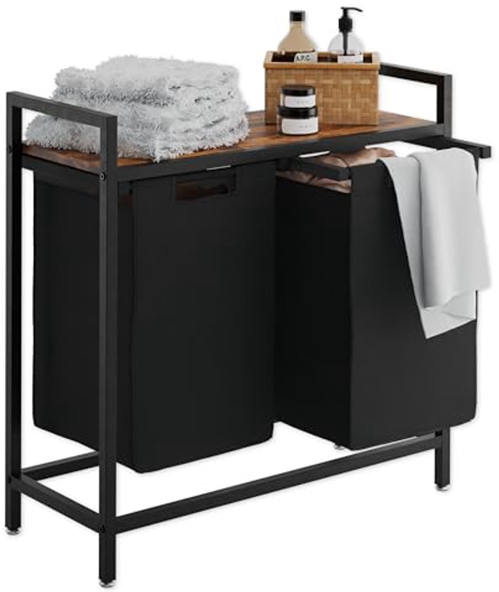 Multifunctionele Wasmand met 2 Vakken en Plank - 48 Liter Capaciteit, Bruin en Zwart