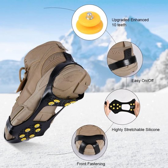 Gedetailleerde weergave van antislip schoenklauw: 10 verbeterde noppen, flexibele siliconen, eenvoudige bevestiging aan bruine wandelschoenen.