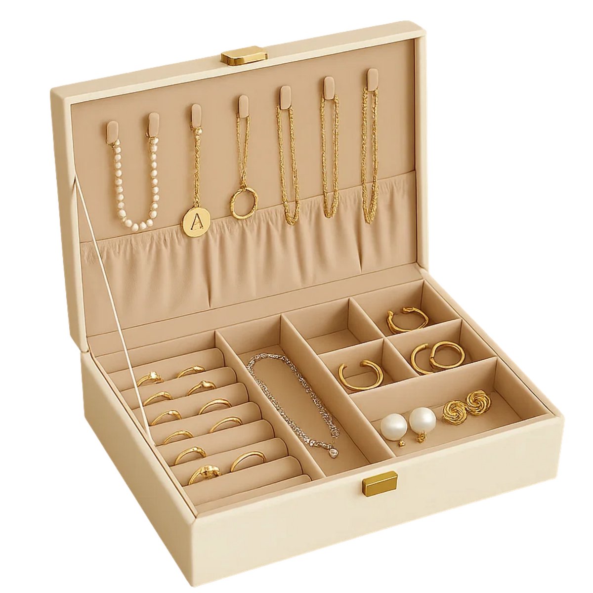 Lomera Sieradendoos Wit - Juwelendoos - Sieraden Opbergen - Kunstleer Sieradendoos - Kettinghaakjes - Ringklemmen - Opbergvak Sieraden - Rose-Goudkleurige Sluiting - Sieraden Organizer - Compacte Sieradendoos - Wit-Creme Design