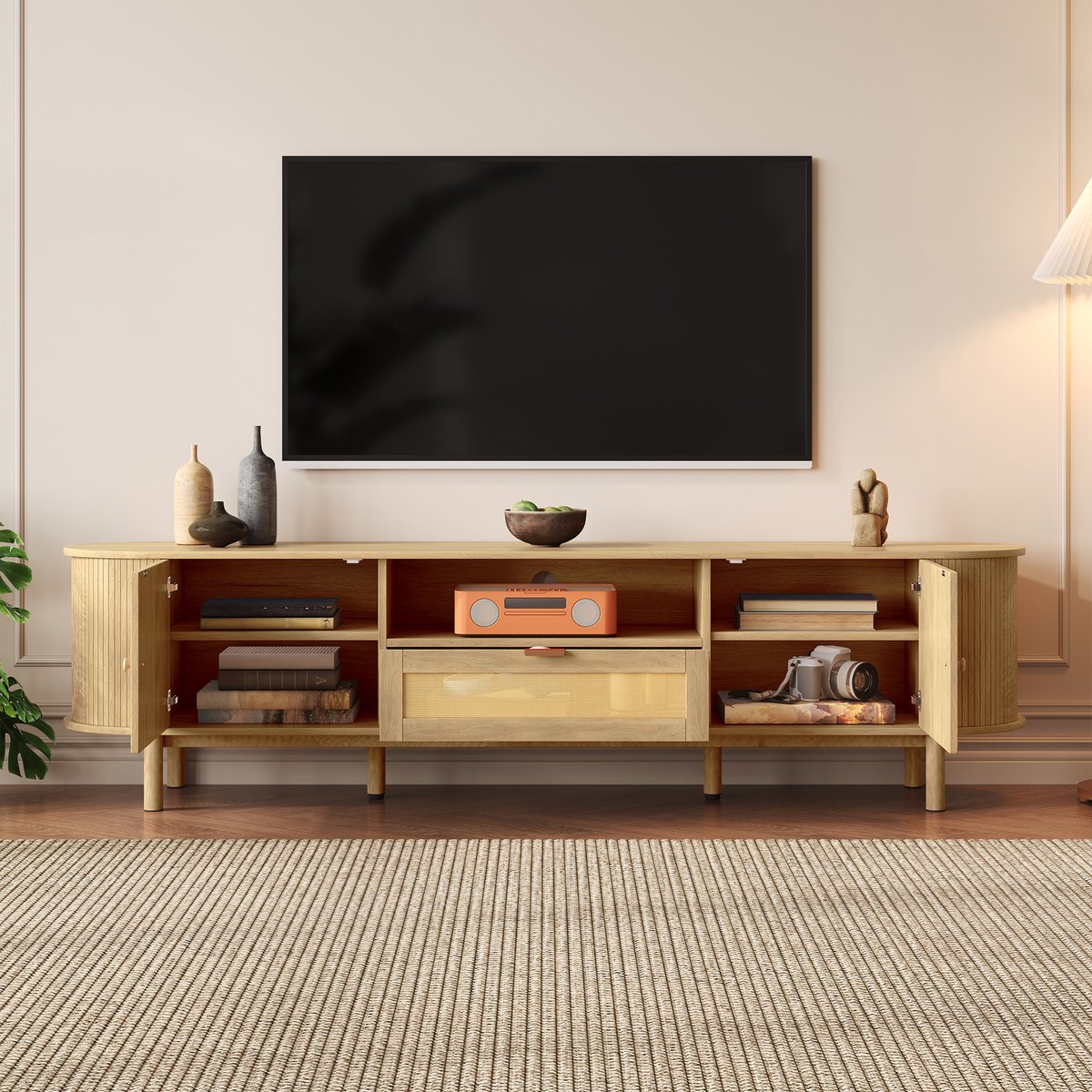 Merax Moderne TV-meubel 175x36x51 cm - uitgerust met rotan lades en open compartimenten - ronde tafelblad - houtnerf metalen poten Houtkleur