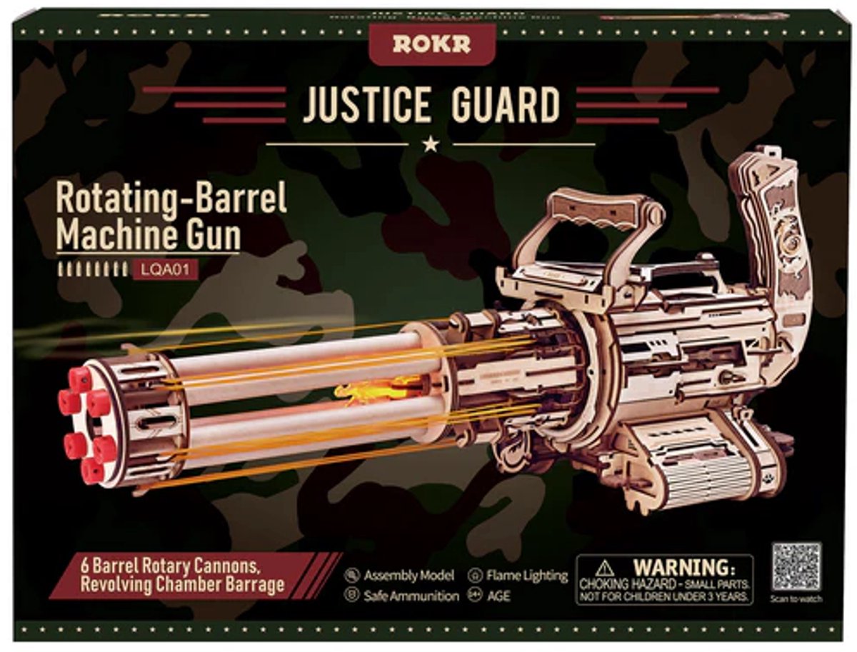 Robotime, 3D Houten Puzzel Rotating-Barrel Machine Gun, LQA01, 45x16,3x21cm