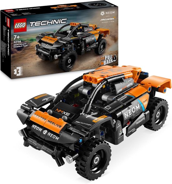 LEGO Technic NEOM McLaren Extreme E Team raceauto met oranje en zwarte details en 'Pull Back' functie.