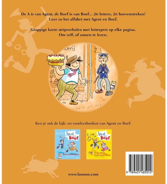 Achterkant boek met illustraties van Agent en Boef, katten en honden. Tekst over de inhoud van het boek. Kleine afbeeldingen van andere boeken.