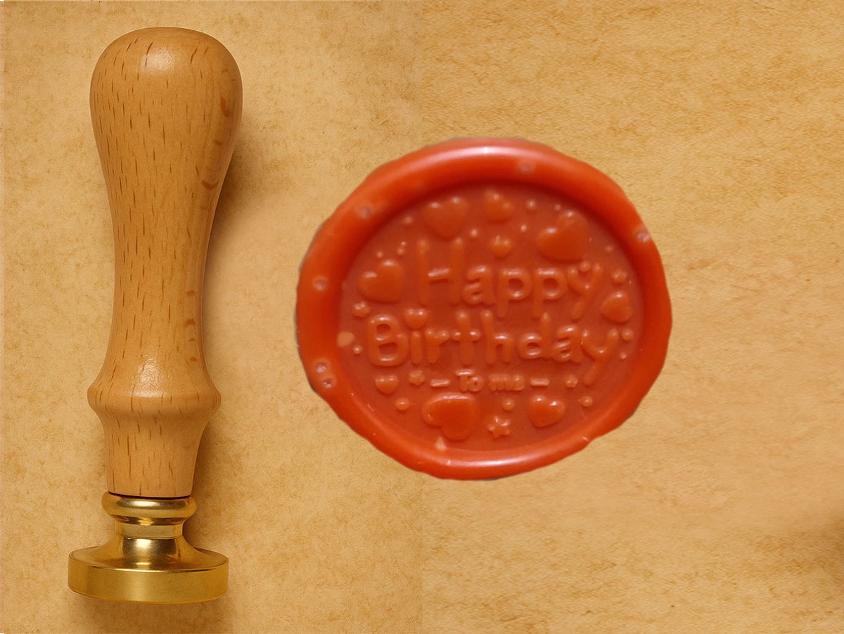 Lakstempel Ø25mm | Happy Birthday hartjes | lichtbruin handvat
