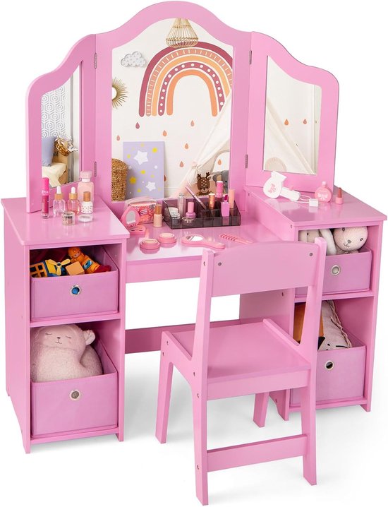 COSTWAY 2-in-1 Kinderkaptafel en Bureau Met Afneembare Spiegel, Open Vakken, Houten Kaptafel Met Stoel, Roze