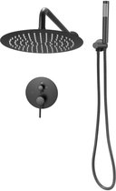 Muur Gemonteerd Douchesysteem, met 8-Inch Ronde Regendouche Kop en Handheld Spray, Badkamer Armatuur Ingesteld met Messing Klep en Trimkit, Mat Zwart