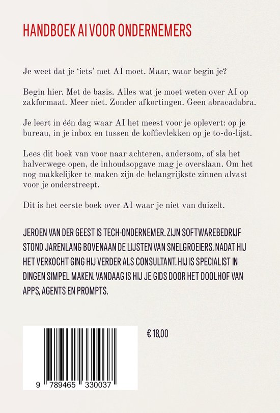 Titelpagina van het boek "Handboek AI voor Ondernemers" met de auteur Jeroen van der Geest en prijs €18,00.