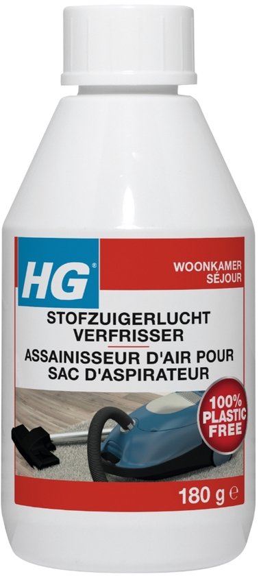 HG stofzuigerlucht verfrisser 180g. Fles met parels. Rode verpakking met stofzuiger, vloer en "100% plastic free".