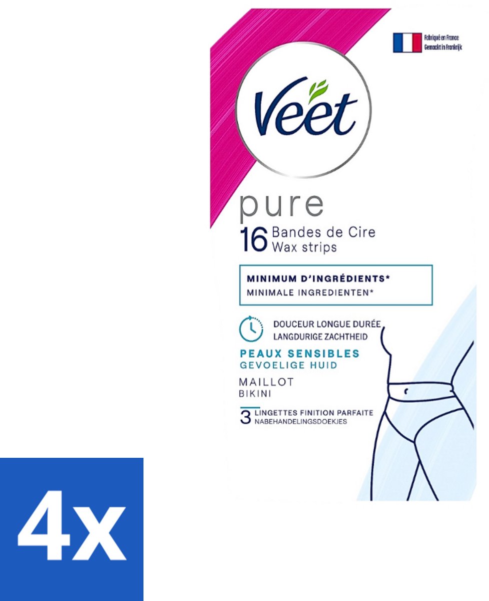 4 x Veet Ontharingsstrips Bikinilijn Pure Gevoelige Huid 16 stuks per verpakking - Veet Ontharingsstrips - Bikinilijn Ontharen - Gevoelige Huid - Ontharingsstrips Bikinilijn - Langdurige Gladheid