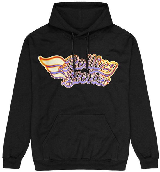 Zwarte trui met capuchon met het Rolling Stones logo in paarse, oranje en gele letters met vleugels.