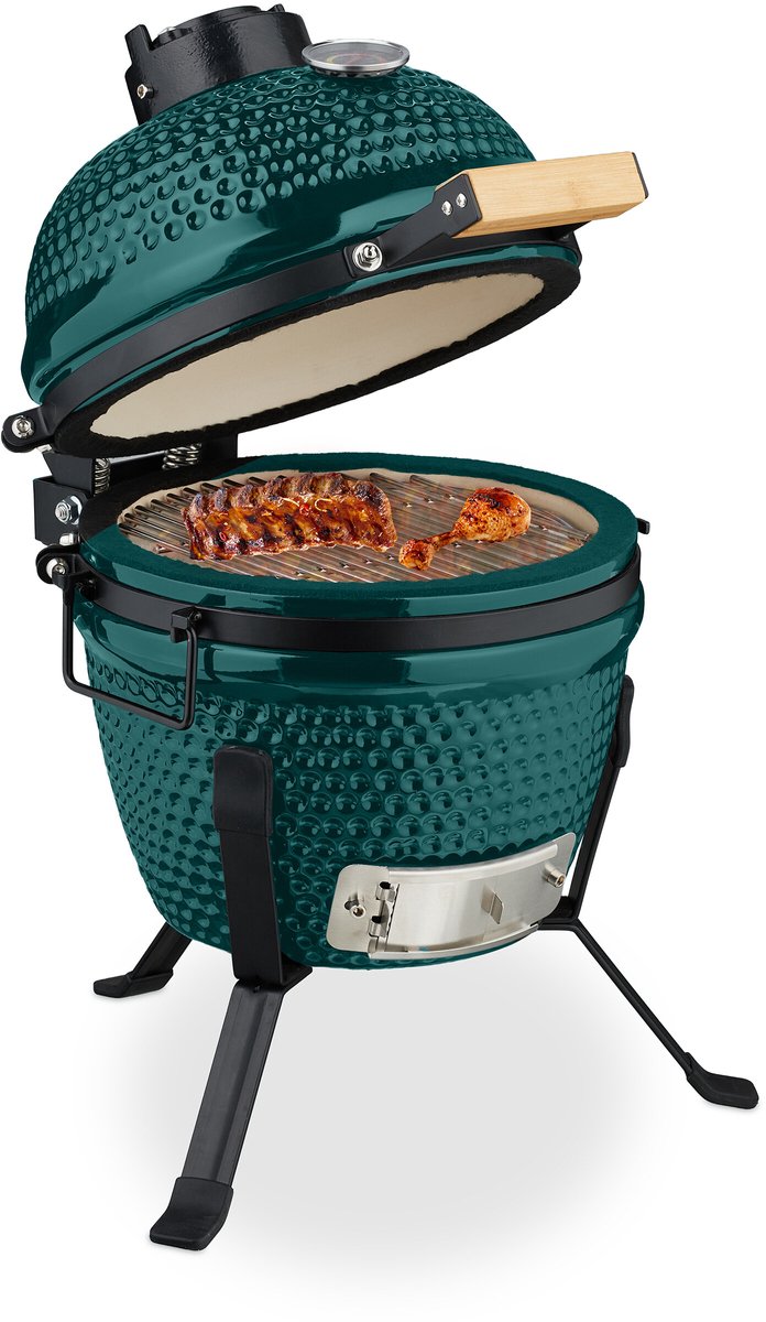 Kamado barbecue - Ø 26 cm - keramisch - met thermometer - deksel - groen