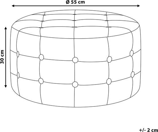 Schematische weergave van een witte poef met afmetingen: 55 cm breed en 30 cm hoog.