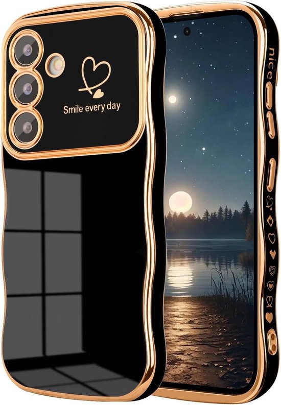 Coque de protection ultra Samsung en silicone antichoc galvanisée pour Samsung Galaxy A54 5G, bord ondulé avec joli motif cœur, noire