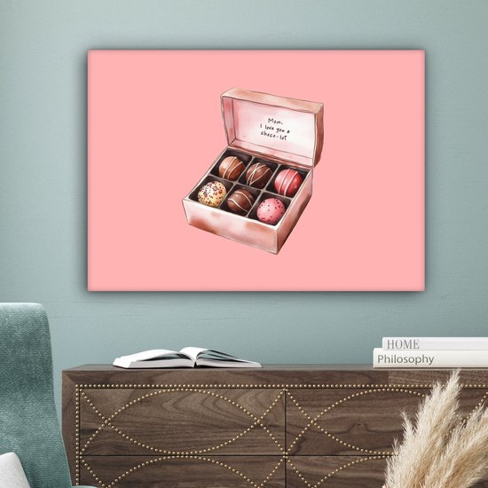 Canvas schilderij 80x60 cm - Exclusieve wanddecoratie Doosje - Bonbons - Liefdevolle - Tekst - Muurdecoratie woonkamer - Slaapkamer decoratie - Kamer accessoires - Schilderijen op canvas - Moederdag cadeautje - Cadeau voor mama