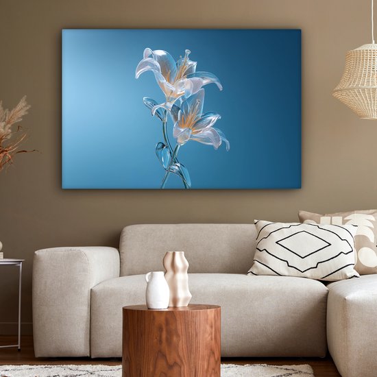 Canvas schilderij 150x100 cm - Exclusieve wanddecoratie Lelies - Blauw - Glazen - Muurdecoratie woonkamer - Slaapkamer decoratie - Kamer accessoires - Schilderijen op canvas