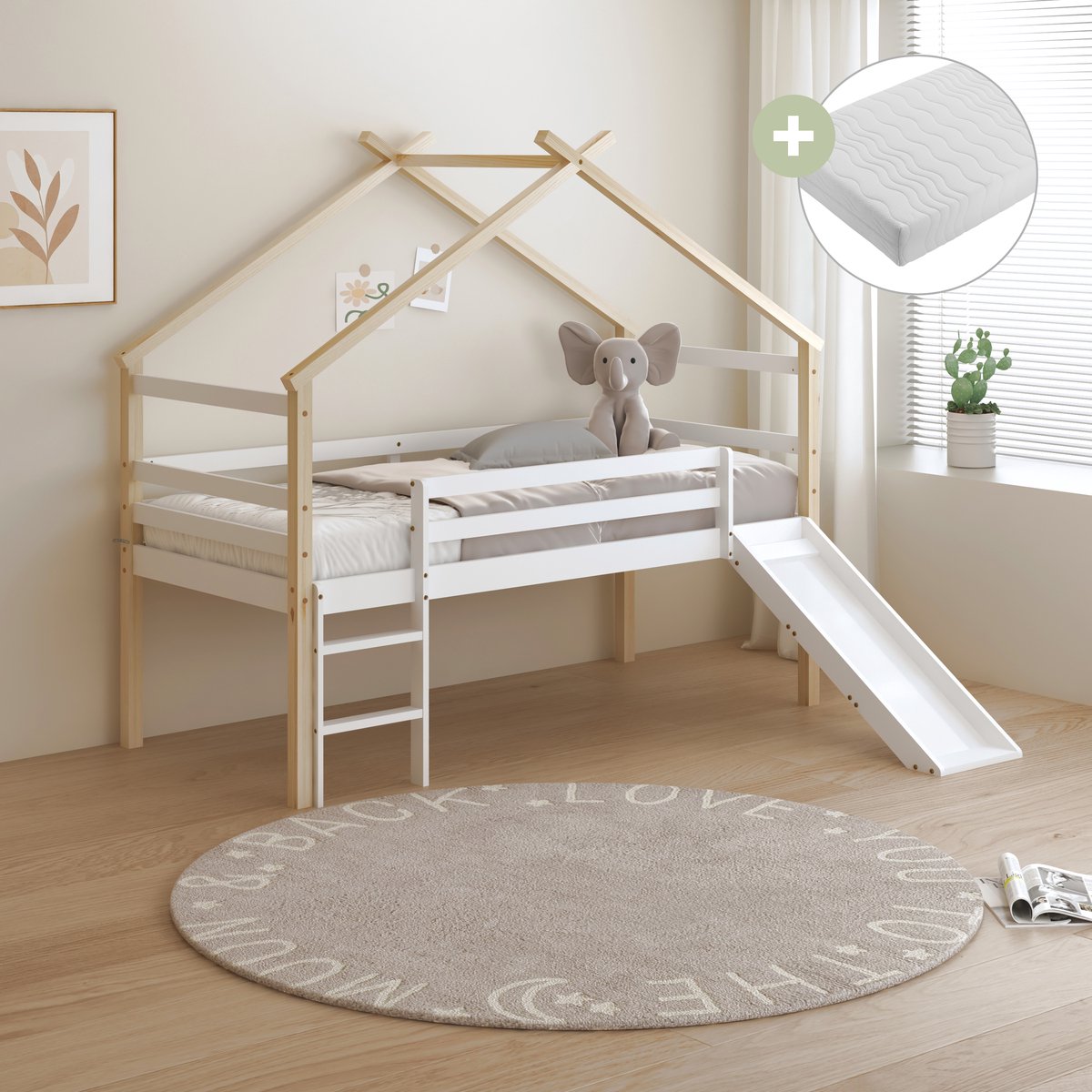 Sunny River Halfhoogslaper – Met Glijbaan – Met Uitvalbeveiliging en rechte ladder - Bedhuisje – 213 x 97 x 183 cm – Peuterbed Meisjes en Jongens – FSC 100% Hout – Huisbed 90x200 - Met Lattenbodem – Kinderbed - Inclusief Matras – Naturel/wit