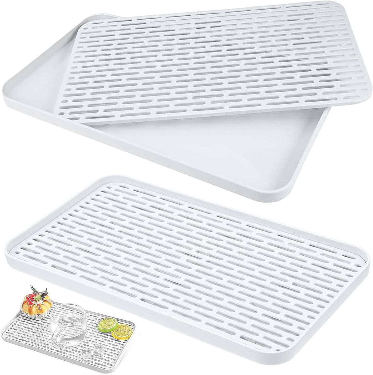Afdruipmat met opvangbak voor servies, 2 stuks, multifunctioneel drain board, wit