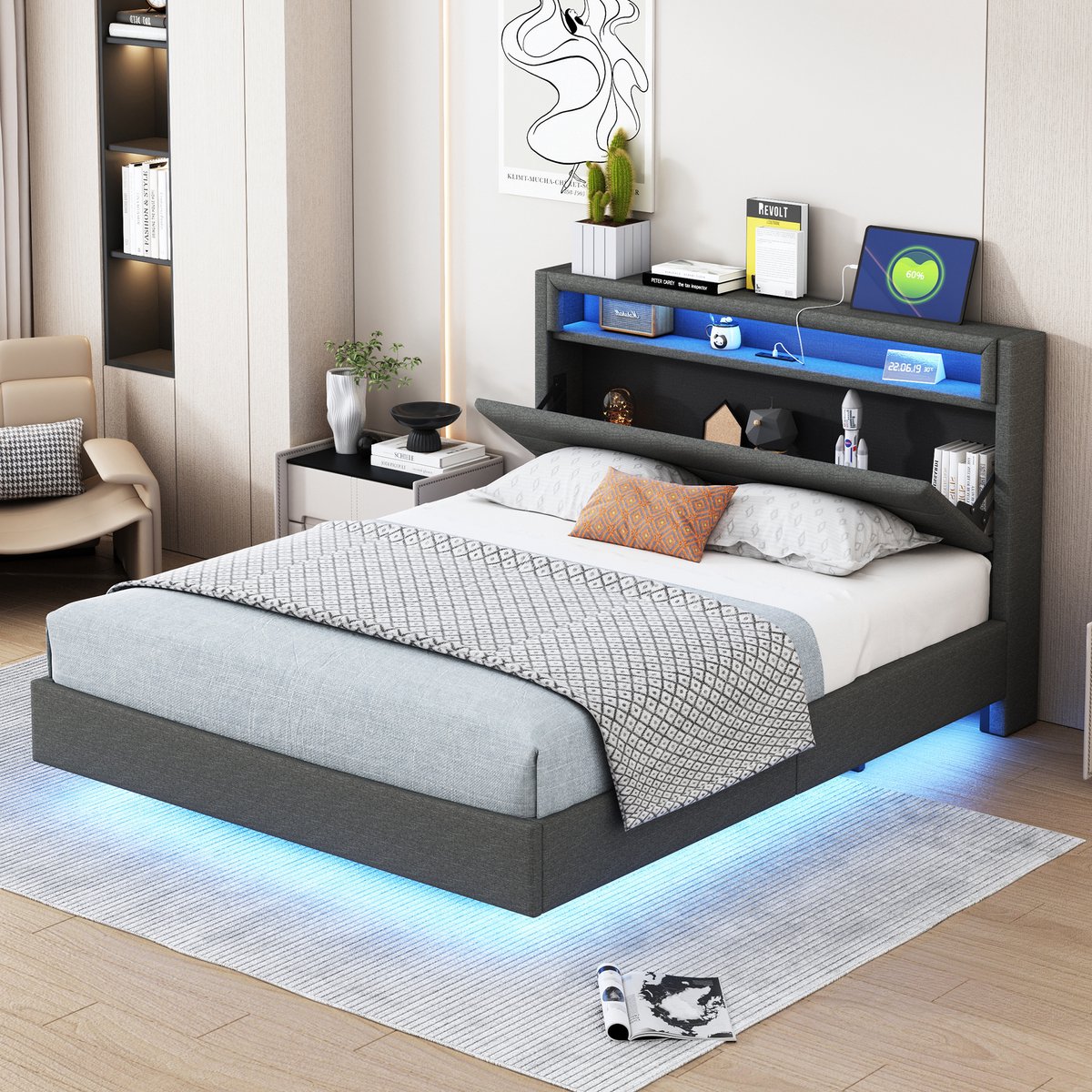 SINGULARITY-Gestoffeerd bed 140x200 cm met USB-aansluiting en LED-verlichting- omkeerbaar hoofdeinde- verborgen voeteneinde- tweepersoonsbed- grijs- zonder matras
