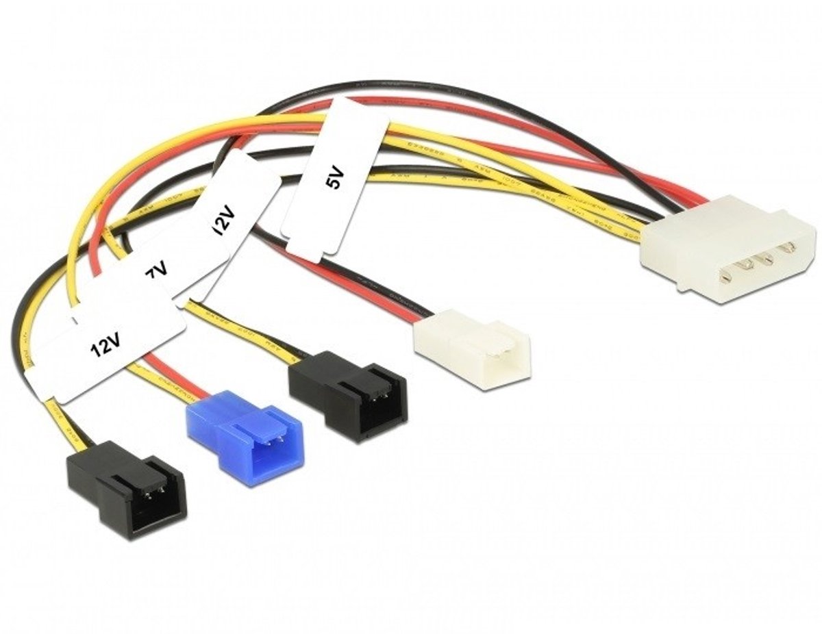 Molex (m) - 4x 3-pins Case Fan (m) voedingskabel (2x 12V + 1x 7V + 1x 5V) - 0,20 meter