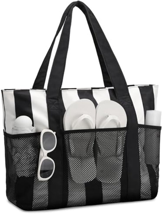 VASCHY Grote Strandtas,Straw Tote bag Zomer Strandtas met Rits voor Strand, Reizen, Zwembad, Winkelen,Bruin