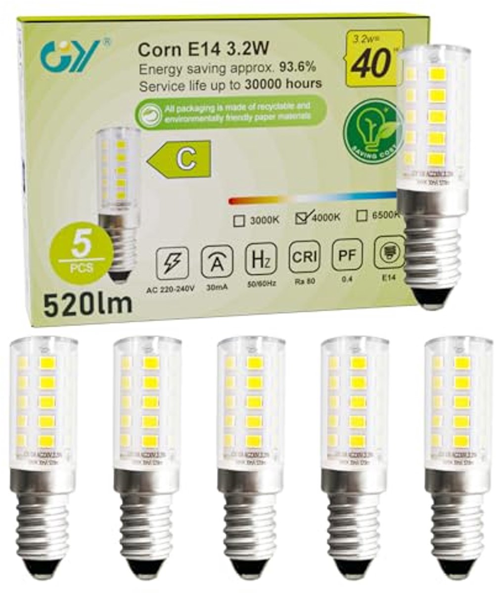 LED E14 Koelkastlampjes - 3,2W (40W vervangend) - 520 lumen - Neutraal Wit - 5 Stuks
