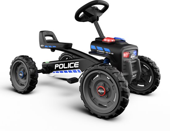 Zwarte skelter met politie-opschrift "POLICE", blauwe accenten, rode en blauwe zwaailichten.