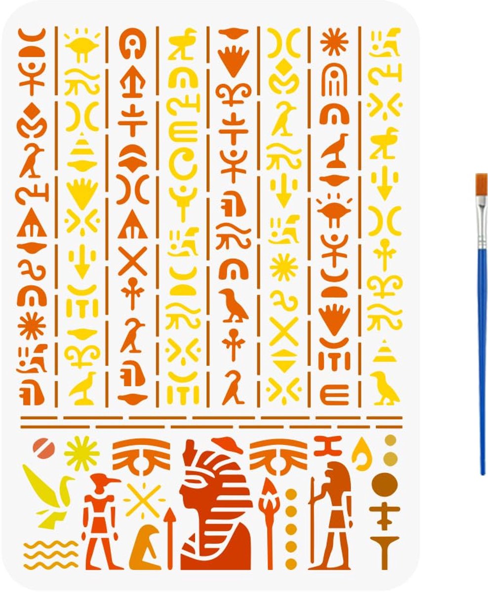 Sjabloon voor Aldagyptisch lettertype met een kwast, 29,7 x 21 cm, sjabloon voor Egyptische symbolen, hiërogliefen, schildersjabloon met Egyptisch thema voor wandtegels, vloermeubels