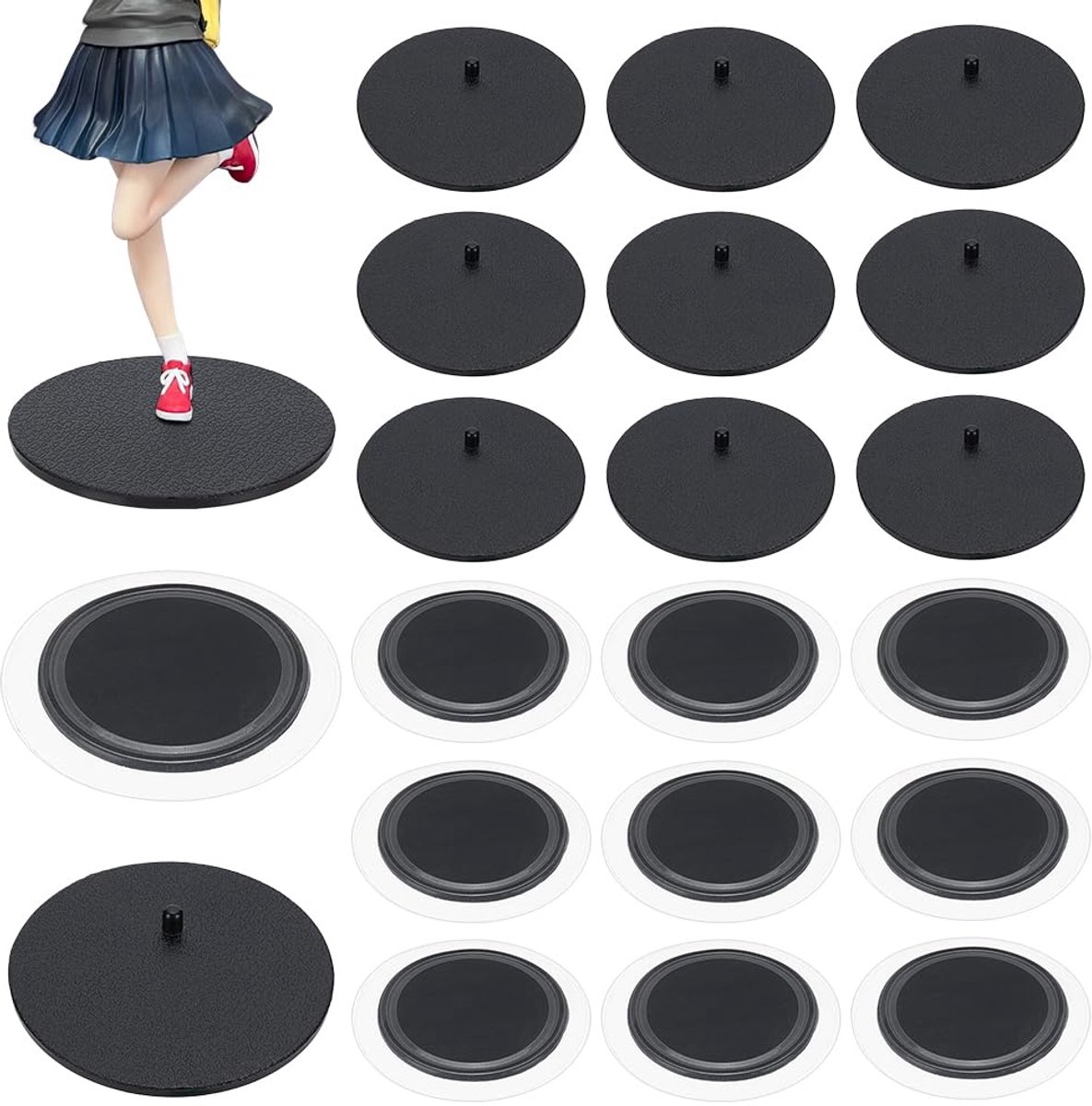 10 STKS Plastic Action Figure Display Stands 6cm Model Display Ondersteuning Stand met Pins Zwart Platte Ronde Bases Met 10pcs Lijm voor Actiefiguren Modellen Poppen Display Supplies