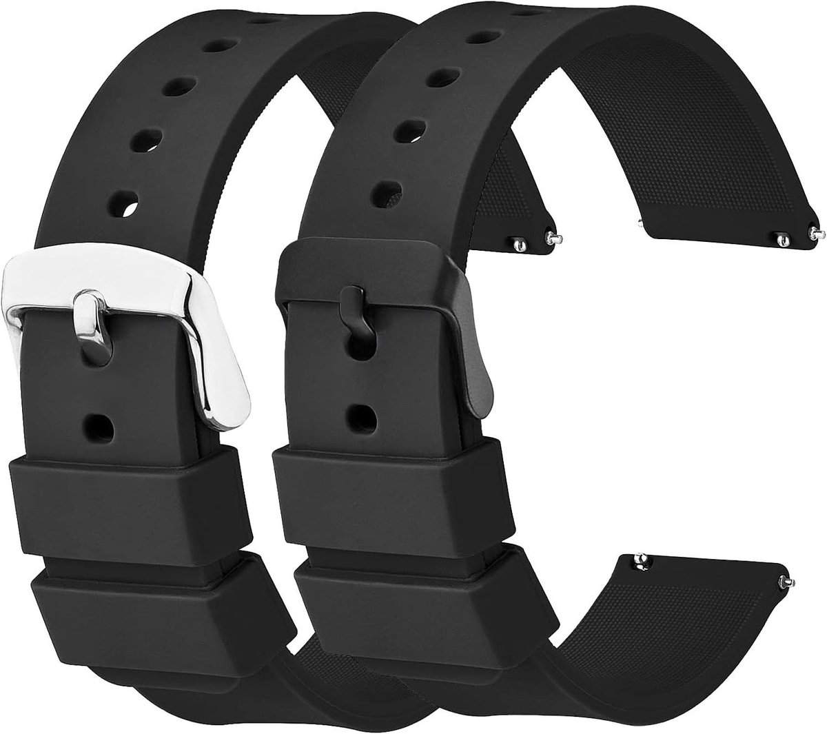 Allecto plus - Siliconen horlogebanden 20 mm met snelsluiting - Zwart-zilveren roestvrijstalen gesp - Set van 2