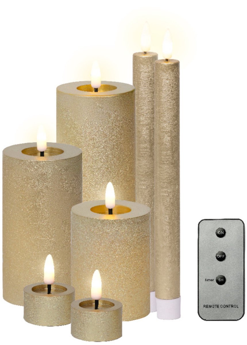 Lumineo LED kaarsen set - goud - 7x st - afstandsbediening - dinerkaarsen - stompkaarsen - theelichten - kaarsenset Goudkleurig