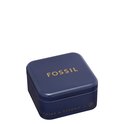 Donkerblauwe Fossil doos met gouden FOSSIL logo en tekst 'GENUINE & CLASSIC'.