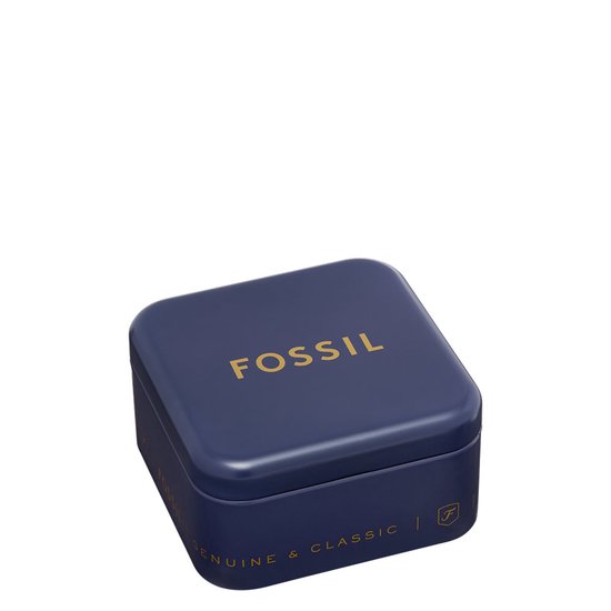 Donkerblauwe Fossil doos met gouden FOSSIL logo en tekst 'GENUINE & CLASSIC'.