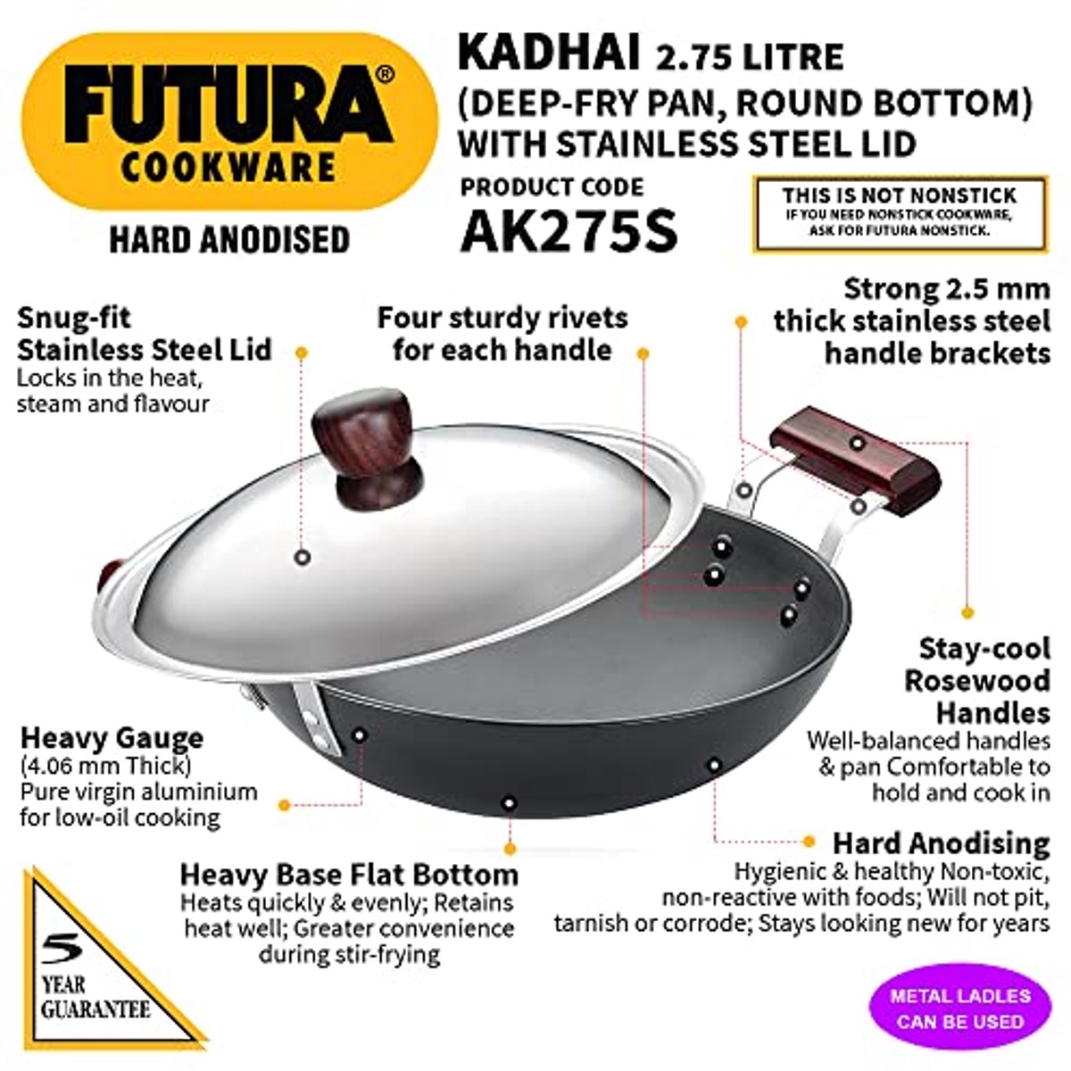 Harde Geanodiseerde Deep-Fry Pan met RVS Deksel - 2,75 liter