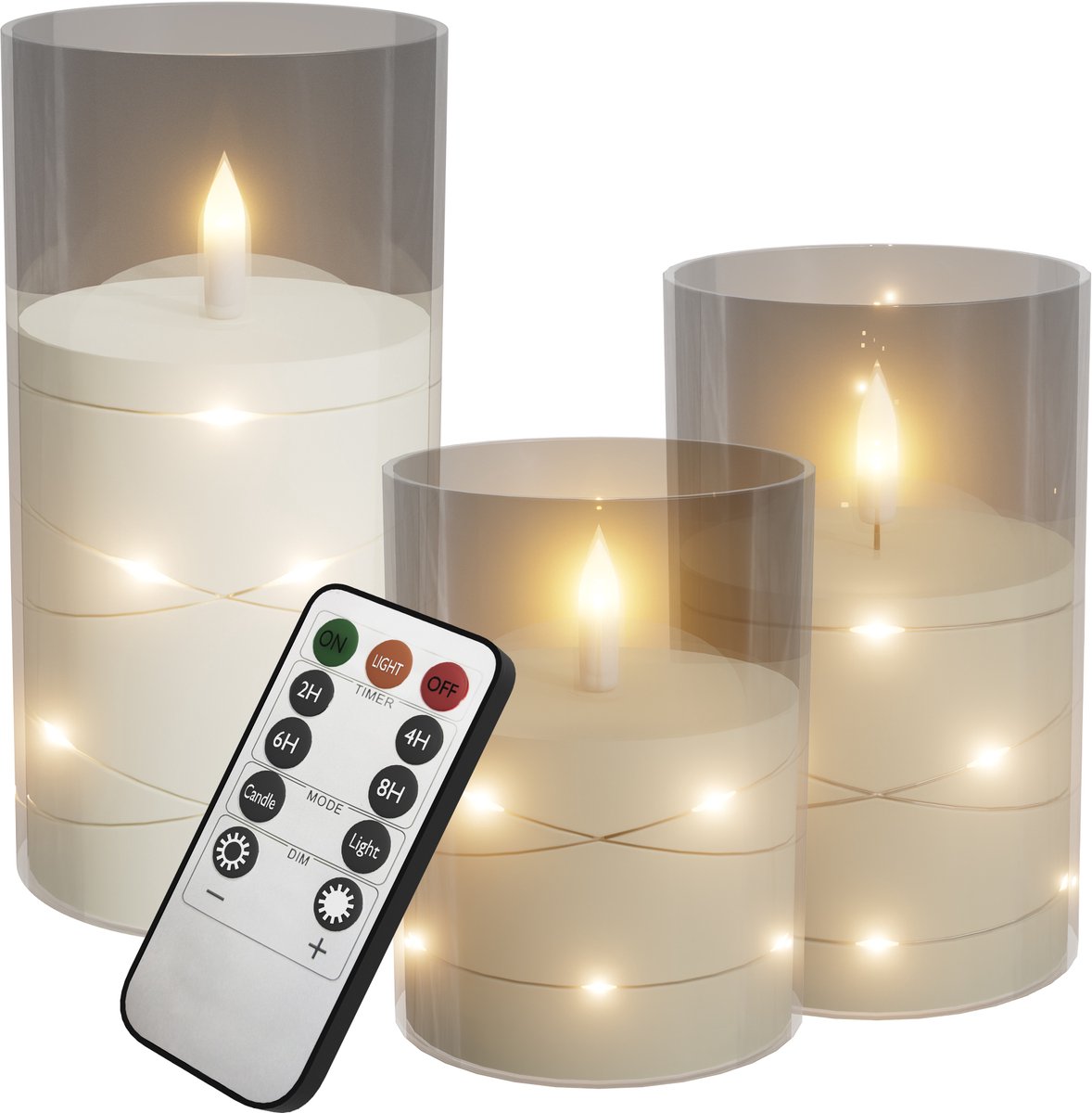 Aufun LED vlamloze kaarsen met afstandsbediening - Flikkerend - Acryl stompkaarsen - Op batterijen - Type B - Transparant - Set van 3 - Voor huisdecoratie en kerstversiering