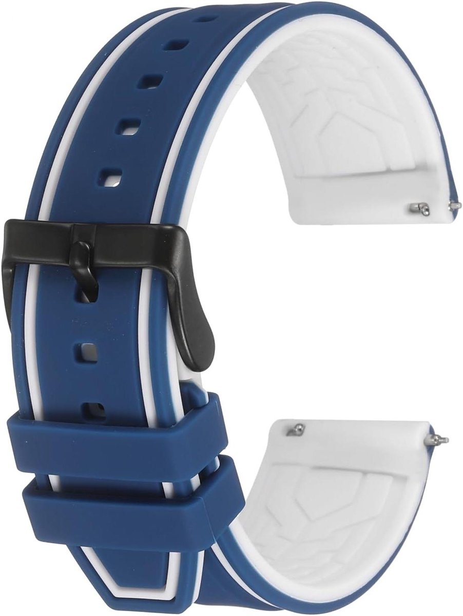 Allecto plus - Siliconen horlogebandje 24 mm breed met snelsluiting en matzwarte gesp - Donkerblauw-wit - Unisex - Horloge accessoire