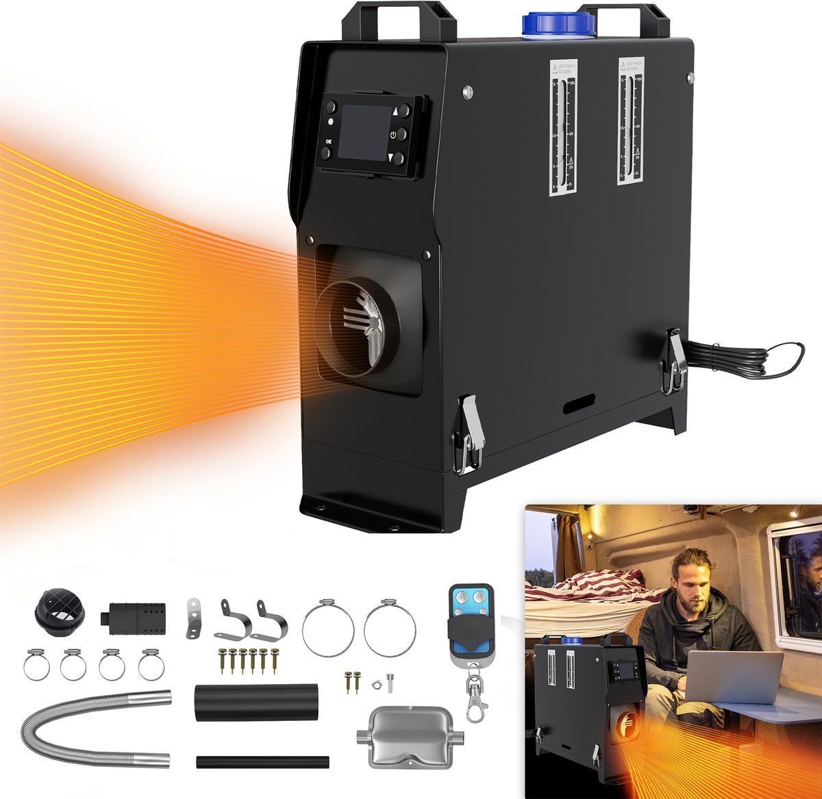 LZQ 12V Diesel Luchtverwarmers Standverwarming Diesel 8KW Lucht Diesel Lucht Standverwarming Verwarming Auto Verwarming Dieselverwarming Met Afstandsbediening LCD & Luchtuitlaat Voor Vrachtwagen Campers Auto (Zwart + Zwart LCD)