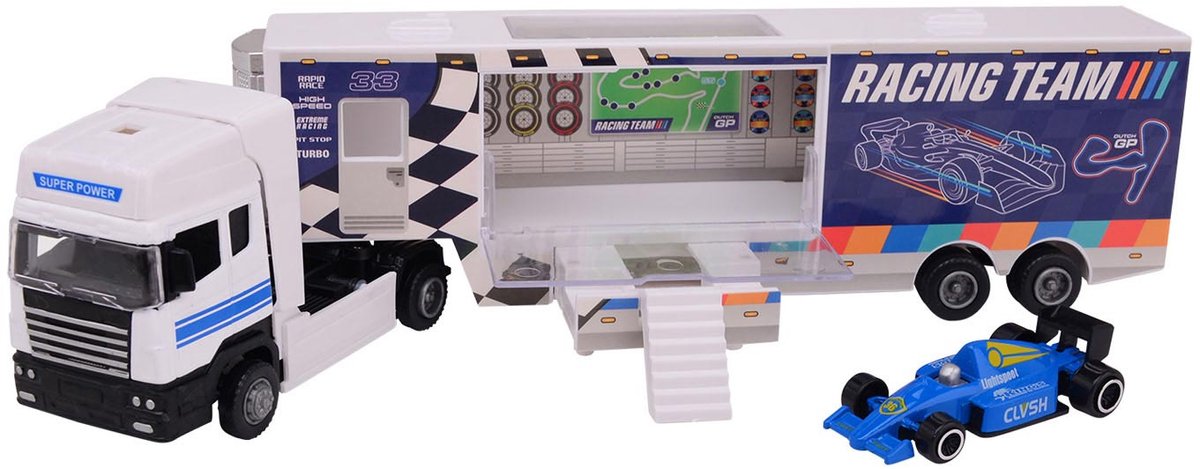 Johntoy vrachtwagen speelgoed Race Team met die-cast raceauto 37cm.