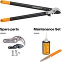 Fiskars L77 takkenschaar met reserveonderdelen en onderhoudsset.