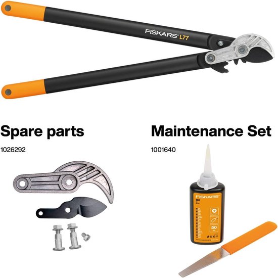 Fiskars L77 takkenschaar met reserveonderdelen en onderhoudsset.