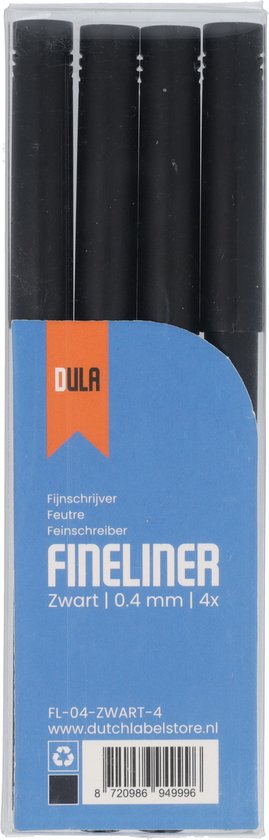 Emballage de 4 stylos DULA Fineliner noirs. Texte: 'DULA Fineliner Zwart | 0.4 mm | 4x'.